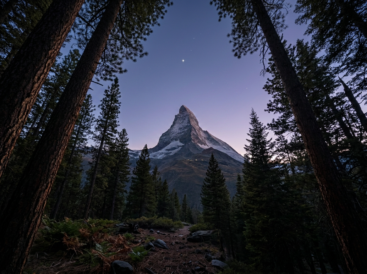 Forest view with mountain at center.