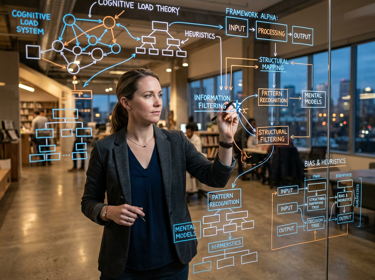 Woman at see-through board with diagrams on it charting mental models.