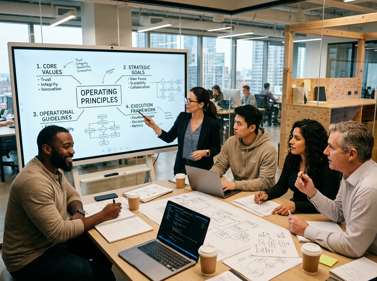 Photo showing office meeting with whiteboard that says "operating principles" on it.